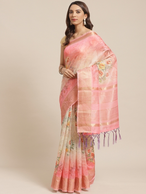

Rajnandini Pink & Beige Floral Print Chanderi Saree