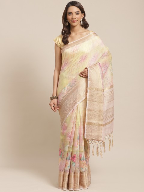

Rajnandini Pink & Yellow Floral Printed Chanderi Saree