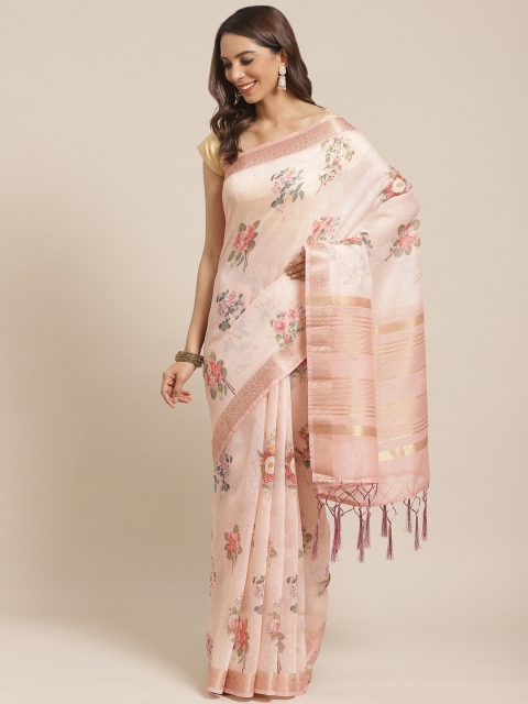 

Rajnandini Peach-Coloured & Green Floral Print Chanderi Saree