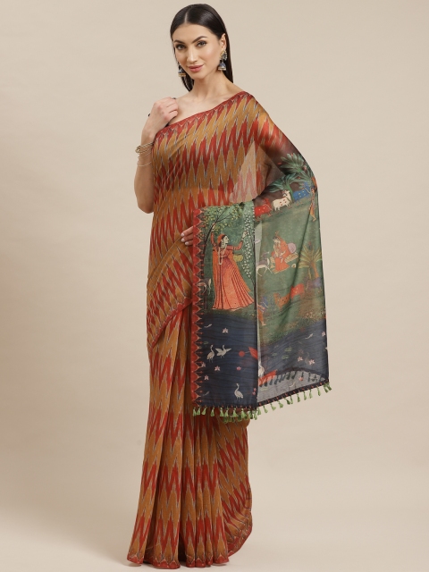 

Rajnandini Orange & Maroon Kalamkari Print Celebrity Ikat Saree