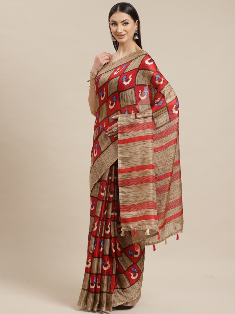 

Rajnandini Red & Beige Checked Celebrity Saree