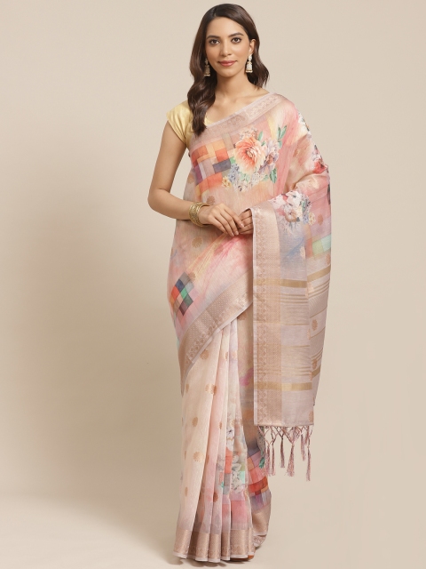 

Rajnandini Beige & Peach-Coloured Floral Printed Chanderi Saree