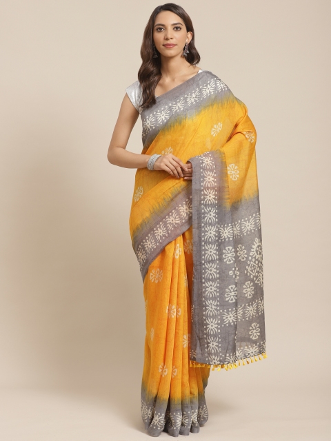 

Rajnandini Mustard Yellow & Grey Printed Dabu Saree