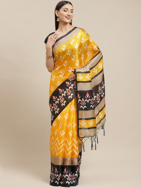 

Rajnandini Yellow & Off-White Printed Celebrity Ikat Saree
