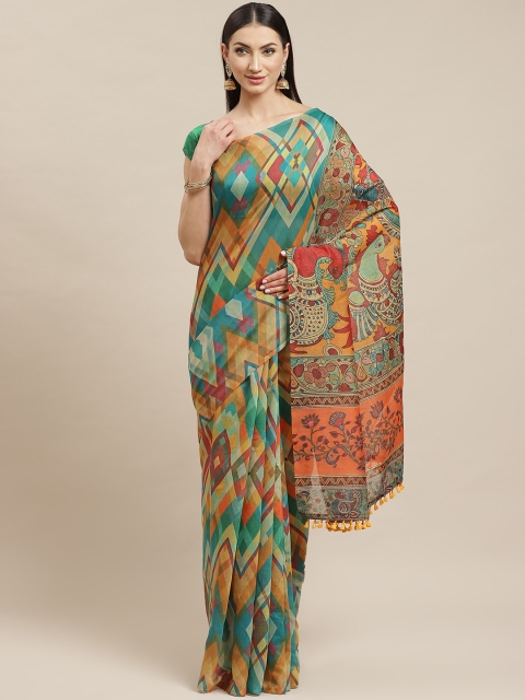 

Rajnandini Green & Rust Orange Kalamkari Print Celebrity Chanderi Saree