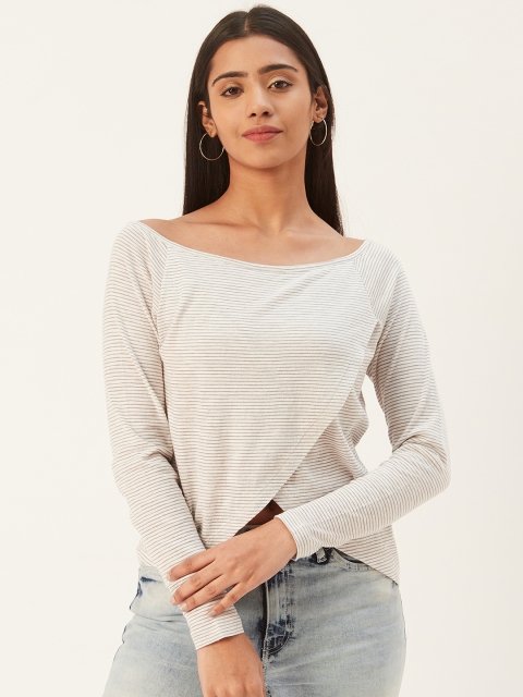 

PIRKO Women White & Grey Striped Wrap Pure Cotton Top