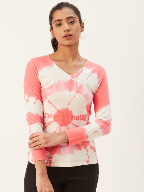 

PIRKO Women White Coral Pink Slim Fit Tie Dye V-Neck Pure Cotton T-shirt