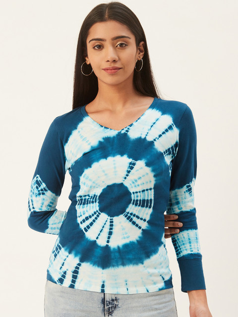

PIRKO Women Teal Blue & White Slim Fit Tie & Dye V-Neck T-shirt
