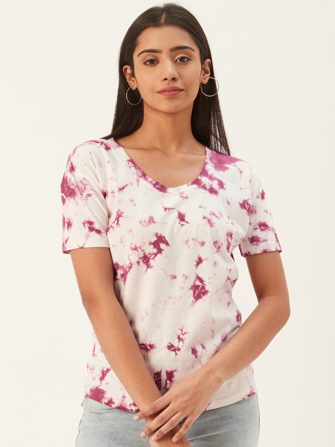 

PIRKO Women White & Magenta Tie & Dye Round Neck T-shirt