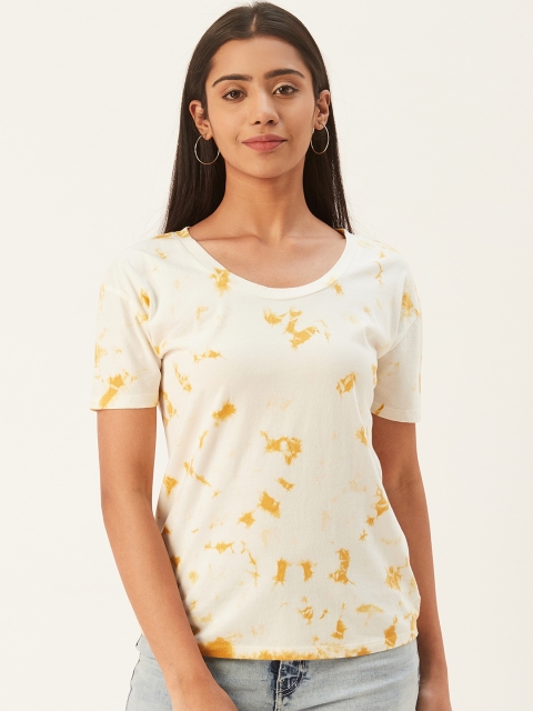 

PIRKO Women White & Mustard Yellow Tie & Dye Round Neck T-shirt