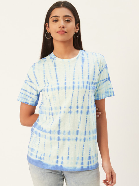 

PIRKO Women White Blue Tie Dye Round Neck Pure Cotton T-shirt
