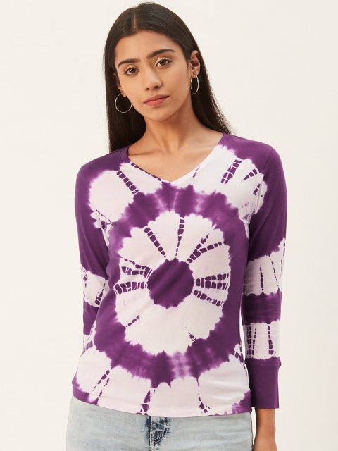 

PIRKO Women White Purple Slim Fit Tie Dye V-Neck Pure Cotton T-shirt