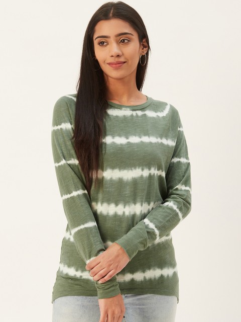 

PIRKO Women Olive Green White Ombre Round Neck High-Low Pure Cotton T-shirt