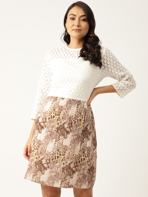 

DODO & MOA Women White & Beige Lace A-Line Dress with Leopard Print Detail