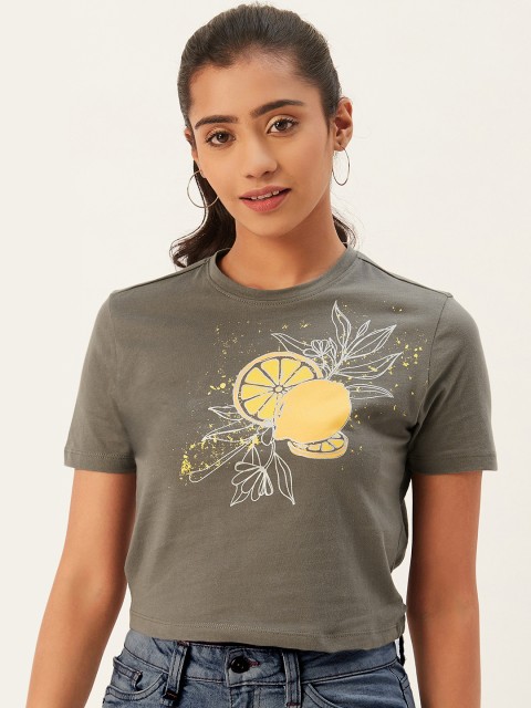 

PIRKO Women Grey Block Lemon Print Round Neck Crop T-shirt