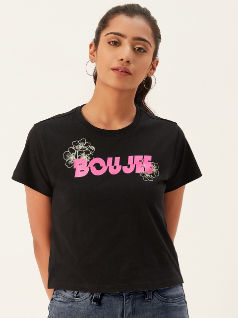 

PIRKO Women Black Block Print Round Neck Cotton T-shirt