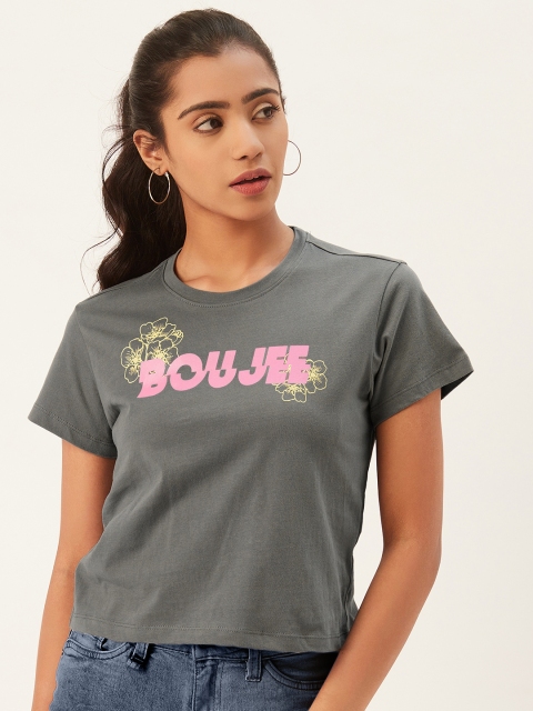 

PIRKO Women Grey Block Print Round Neck T-shirt