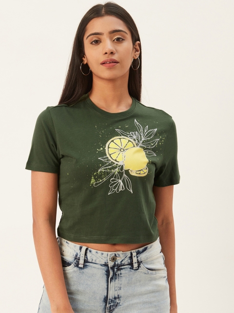 

PIRKO Women Olive Green Yellow Lemon Printed Round Neck Crop Pure Cotton T-shirt