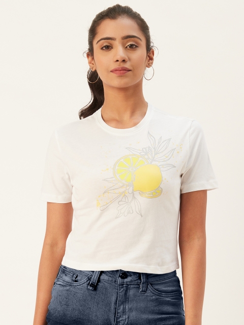 

PIRKO Women White Block Lemon Print Round Neck Crop T-shirt