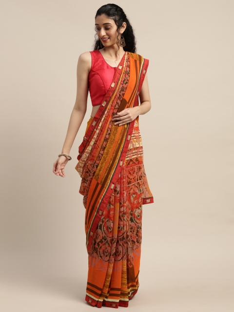 

Indian Women Rust Orange & Brown Poly Georgette Printed Saree