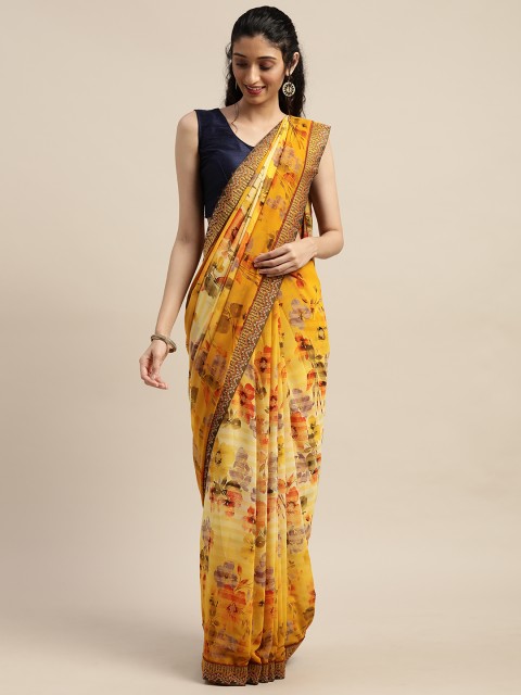 

Indian Women Mustard Yellow & Red Poly Georgette Floral Printed Saree