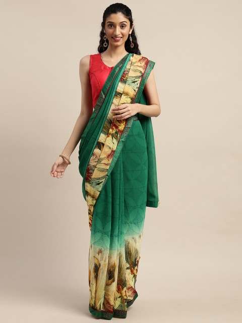 

Indian Women Green & Cream-Coloured Poly Georgette Printed Saree