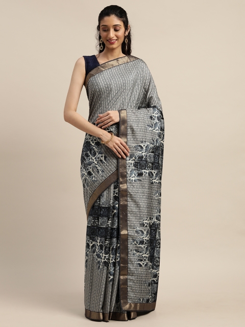 

Indian Women Navy Blue & White Poly Georgette Printed Saree