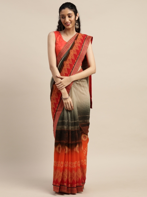 

Indian Women Orange & Black Poly Georgette Printed Block Print Designer Saree