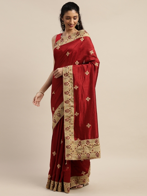 

Indian Women Maroon & Gold-Toned Poly Silk Embroidered Saree