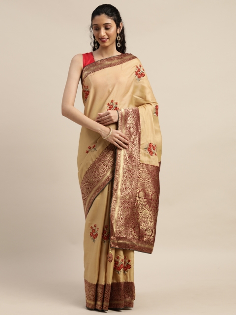 

Indian Women Beige & Red Poly Silk Embroidered Saree