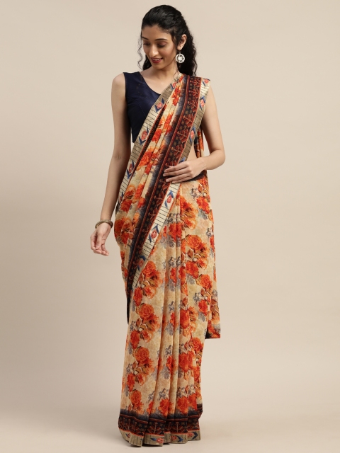 

Indian Women Beige & Orange Poly Georgette Floral Printed Saree