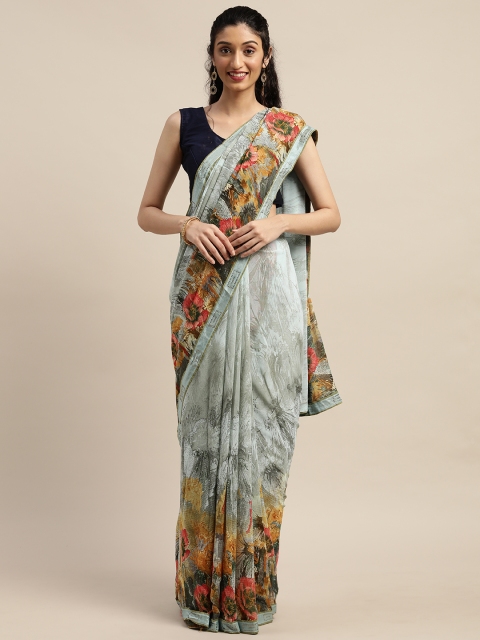 

Indian Women Grey & Yellow Poly Georgette Printed Saree