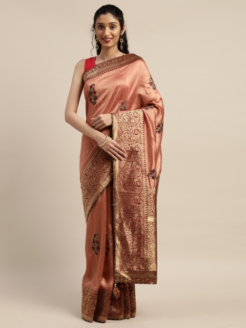 

Indian Women Peach-Coloured & Red Poly Silk Embroidered Saree