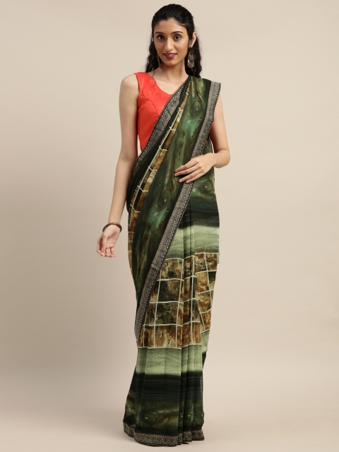 

Indian Women Green Poly Georgette Abstract Printed Block Print Designer Saree