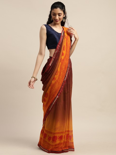 

Indian Women Coffee Brown & Mustard Yellow Poly Georgette Striped Saree