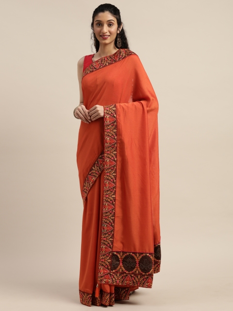 

Indian Women Orange Poly Silk Solid with Embroidery Ikat Saree