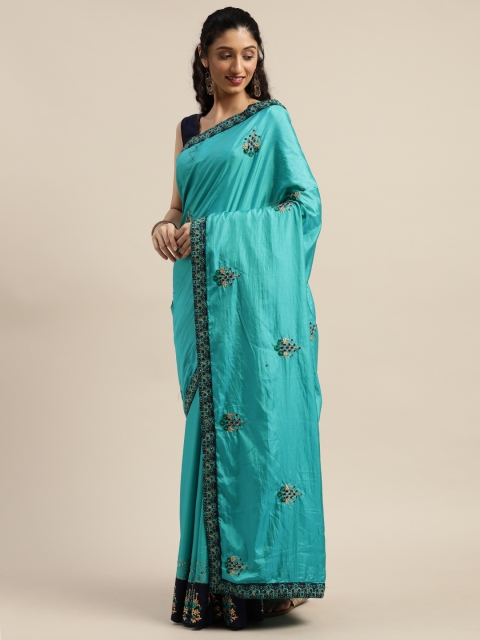 

Indian Women Turquoise Blue Poly Silk Embroidered Saree