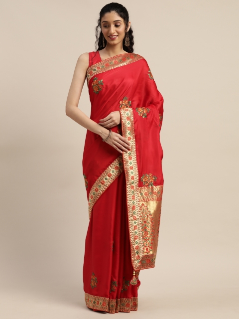 

Indian Women Red Poly Silk Embroidered Patola Saree
