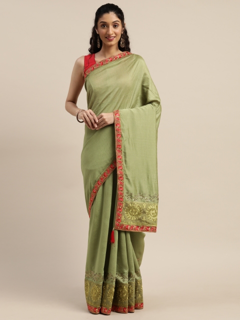 

Indian Women Green Solid Poly Silk Saree with Embroidery