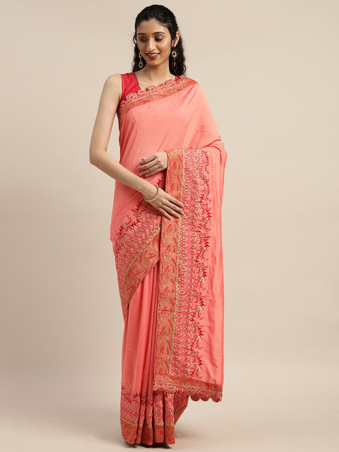 

Indian Women Pink Solid Poly Silk Saree With Heavy Embroidered Border