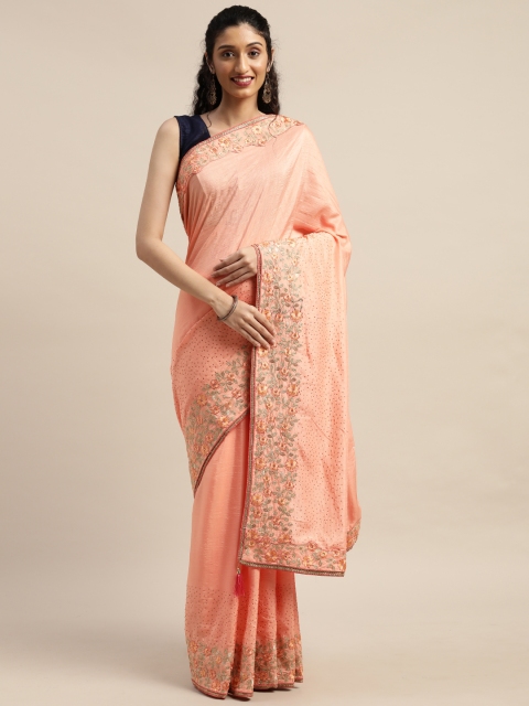 

Indian Women Peach-Coloured Poly Silk Embroidered Ikat Saree