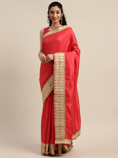 

Indian Women Red Poly Silk Solid Ikat Saree