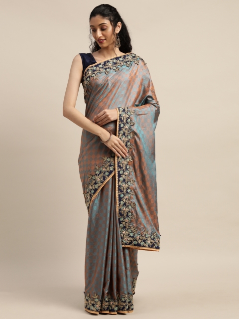 

Indian Women Blue & Orange Poly Silk Printed with Embroidery Ikat Saree