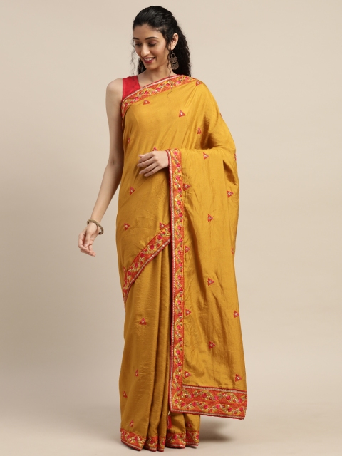 

Indian Women Mustard Yellow Poly Silk Embroidered Ikat Saree