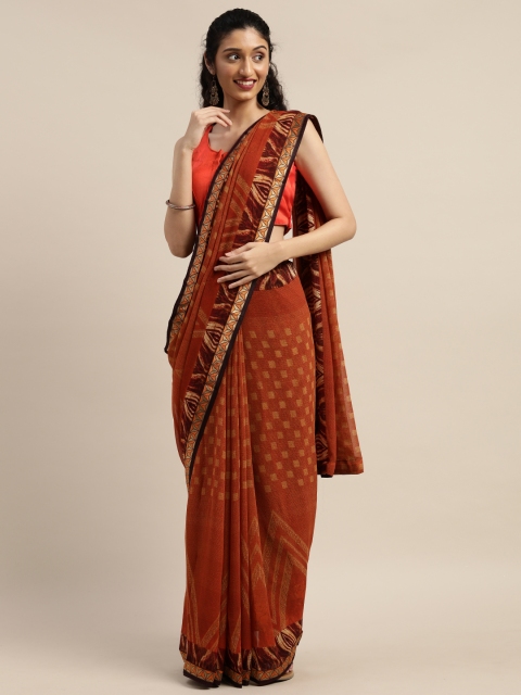 

Indian Women Rust Orange & Yellow Poly Georgette Printed Block Print Designer Saree