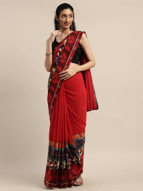 

Indian Women Red Poly Georgette Printed Block Print Designer Saree