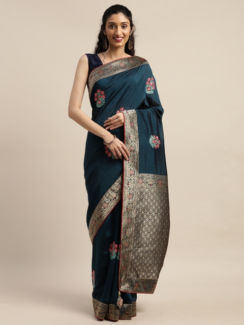 

Indian Women Teal Blue Poly Silk Embroidered Patola Saree