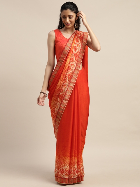

Indian Women Orange Poly Georgette Printed Block Print Designer Saree