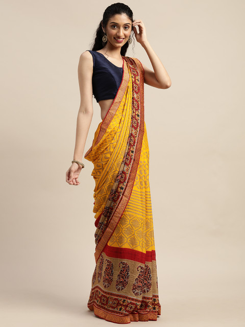 

Indian Women Mustard Yellow & Maroon Poly Georgette Printed Saree