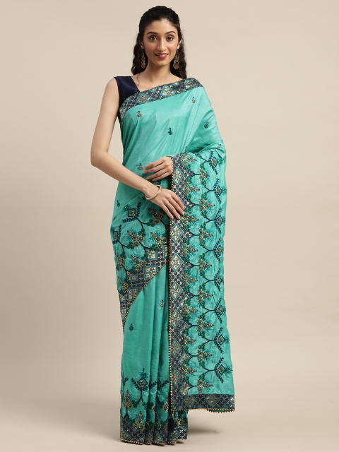 

Indian Women Sea Green Poly Silk Embroidered Ikat Saree